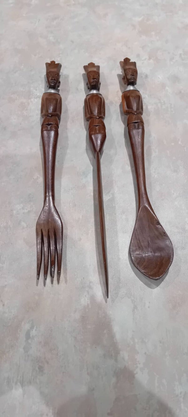 Vintage hand crafted African themed wooden cutlery set. Uk Postage Only
