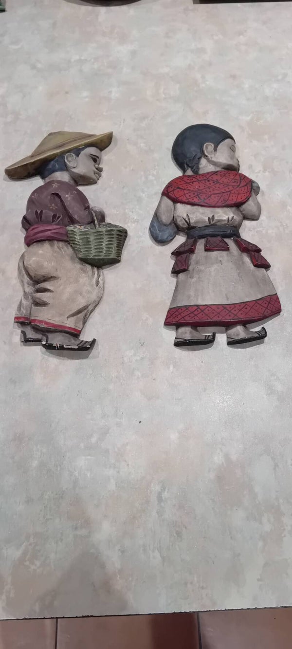2 unique hand Carved Figurines wall hanging decor.  Uk Postage Only