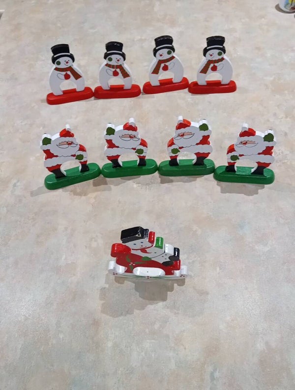 9 colourful Wooden Christmas Decorations On Stands. Uk Postage Only