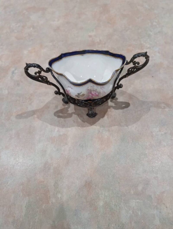 Antique?/Vintage EPNS Plated Basket With Crescent China Sugar Bowl. Uk Postage Only