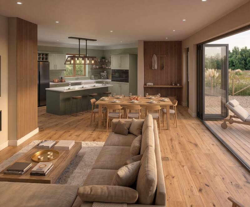 Luxury lodge interior with views across South Lake at Kilvington Lakes