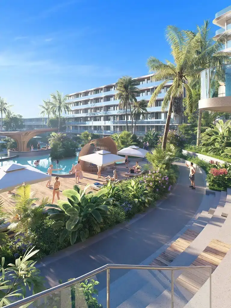 Architectural rendering of AYANA Heights in Phuket, with landscaped gardens, swimming pools and curved apartment balconies.