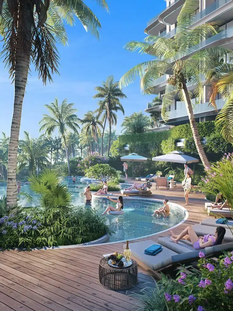 Architectural rendering of an AYANA Heights poolside terrace with sun loungers, parasols and tropical planting.