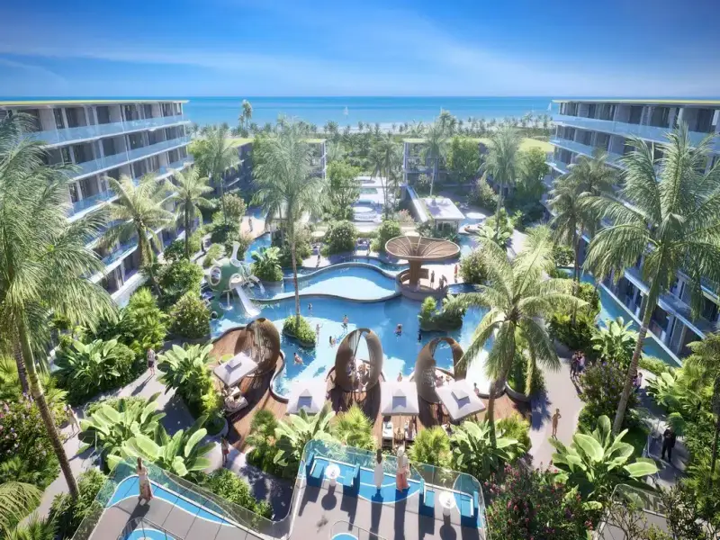Architectural rendering looking between AYANA Heights apartment buildings towards tropical gardens, swimming pools and the sea.