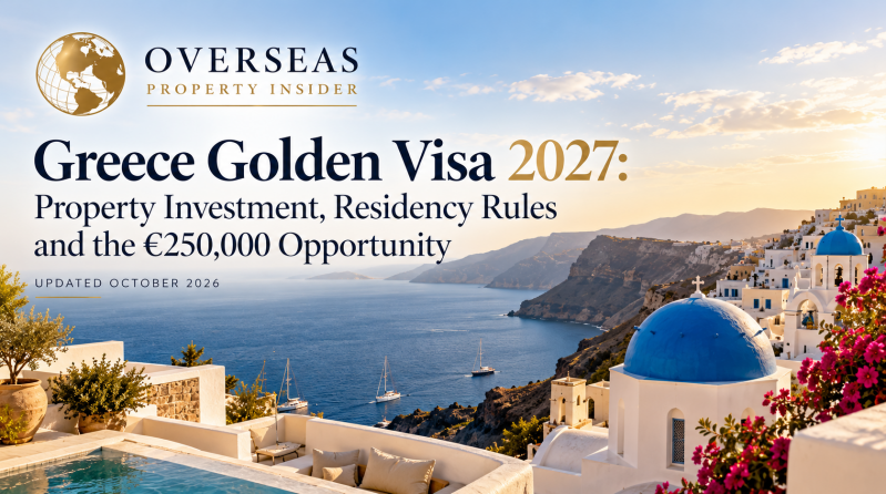 Overseas Property Insider Greece Golden Visa 2027 guide featuring Santorini, Greek coastal property investment and information on €250,000 residency opportunities.