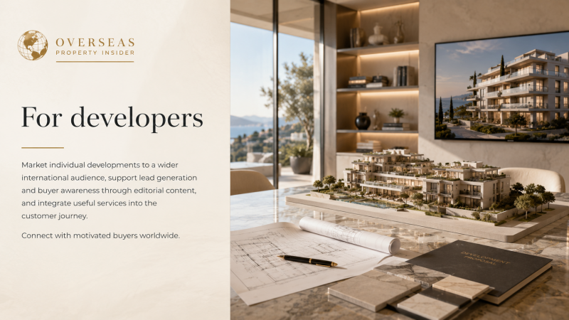 Luxury property development model and architectural plans representing international marketing opportunities for developers