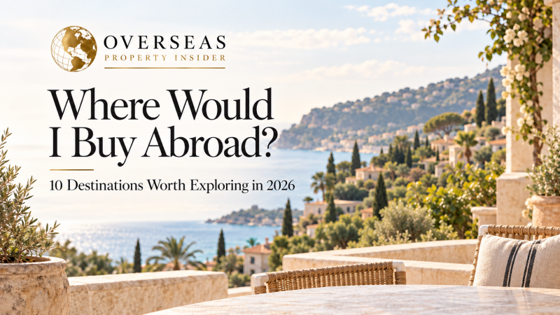 Overseas Property Insider banner overlooking a Mediterranean coastline, titled “Where Would I Buy Abroad? 10 Destinations Worth Exploring in 2026.”