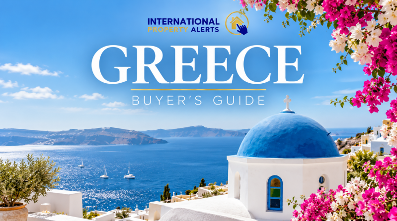 International Property Alerts Greece Buyer’s Guide featuring Santorini’s iconic blue-domed architecture, whitewashed buildings, Mediterranean Sea and pink bougainvillea.