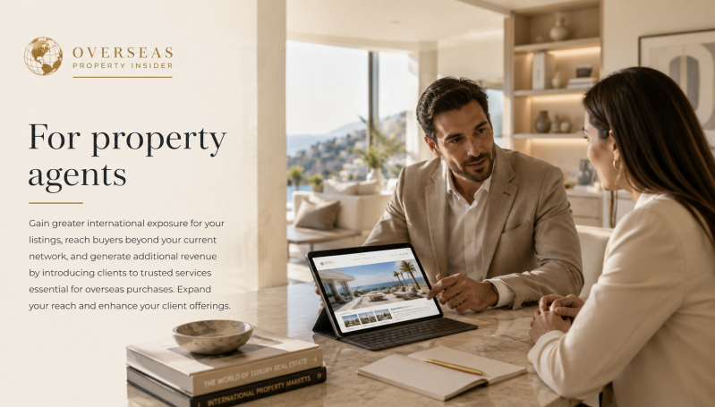 International property agent discussing overseas property opportunities and buyer services with a client