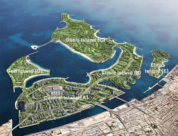 Dubai Islands masterplan aerial view showing waterfront residential zones and coastal infrastructure in Dubai UAE