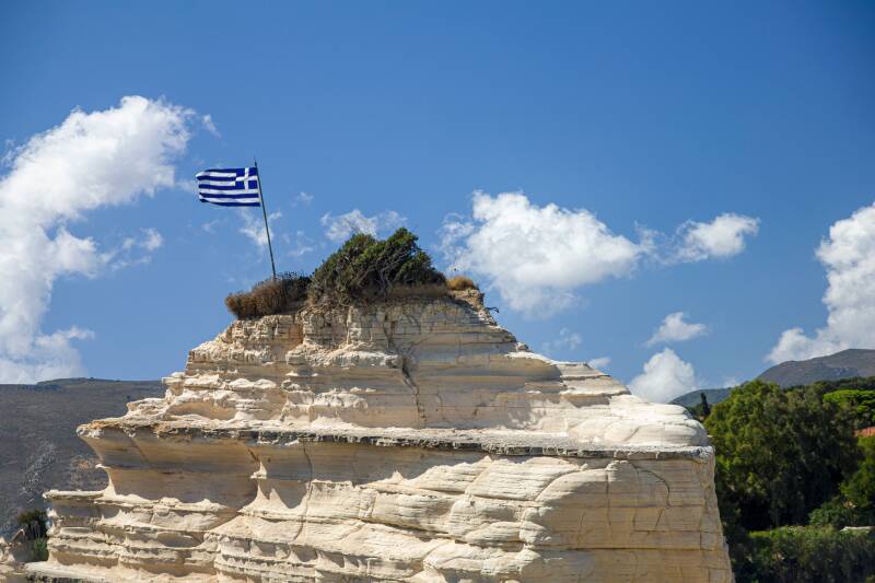 Coastal scenery on a Greek island overlooking the Aegean Sea.