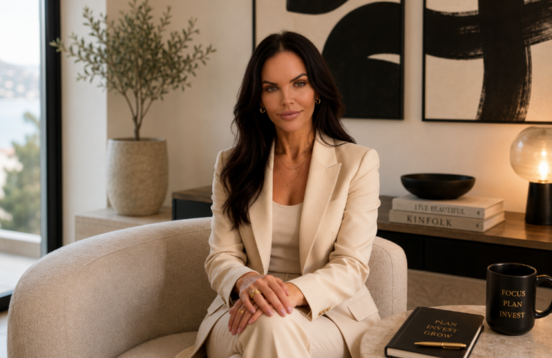 Elly Herriman, Founder of Overseas Property Insider, in a cream suit in a luxury neutral interior.