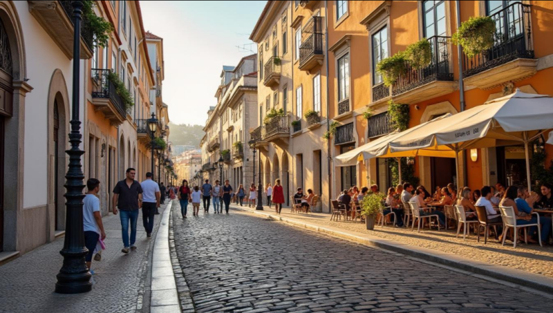 Traditional Lisbon street with outdoor cafés and historic Portuguese architecture.
