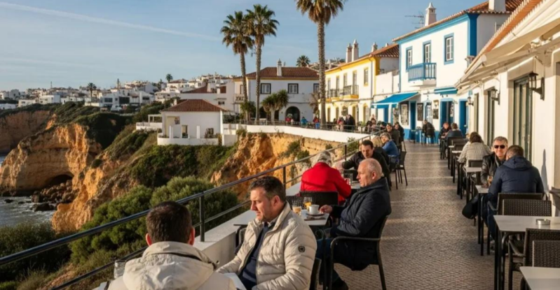 Relaxed coastal lifestyle in a Portuguese town with waterfront restaurants and outdoor cafés.