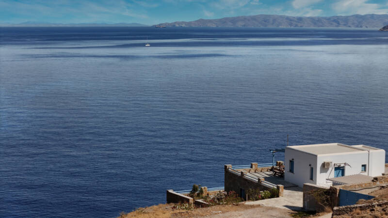 Seafront house on Kythnos in the Greek Cyclades, overlooking the Aegean Sea.