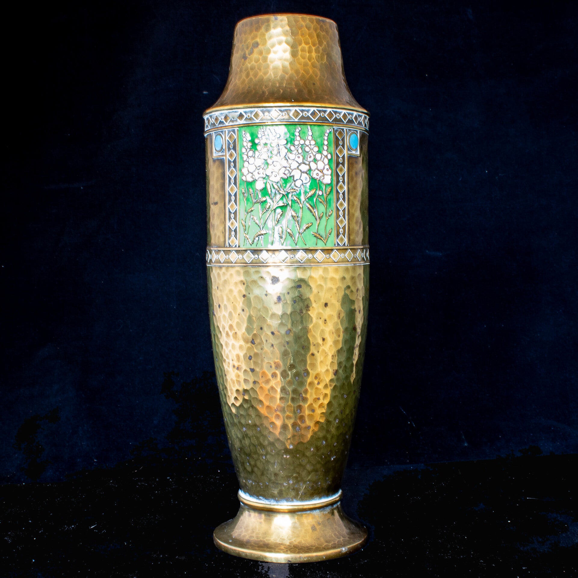 Art Nouveau era WMF brass vase with panel of enamel decoration