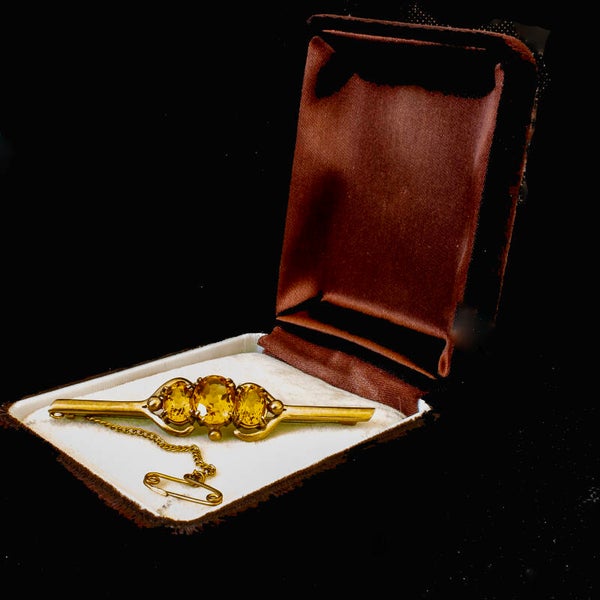 9ct gold bar brooch with 3 gemstones Imperial Topaz, Tourmaline or Citrine