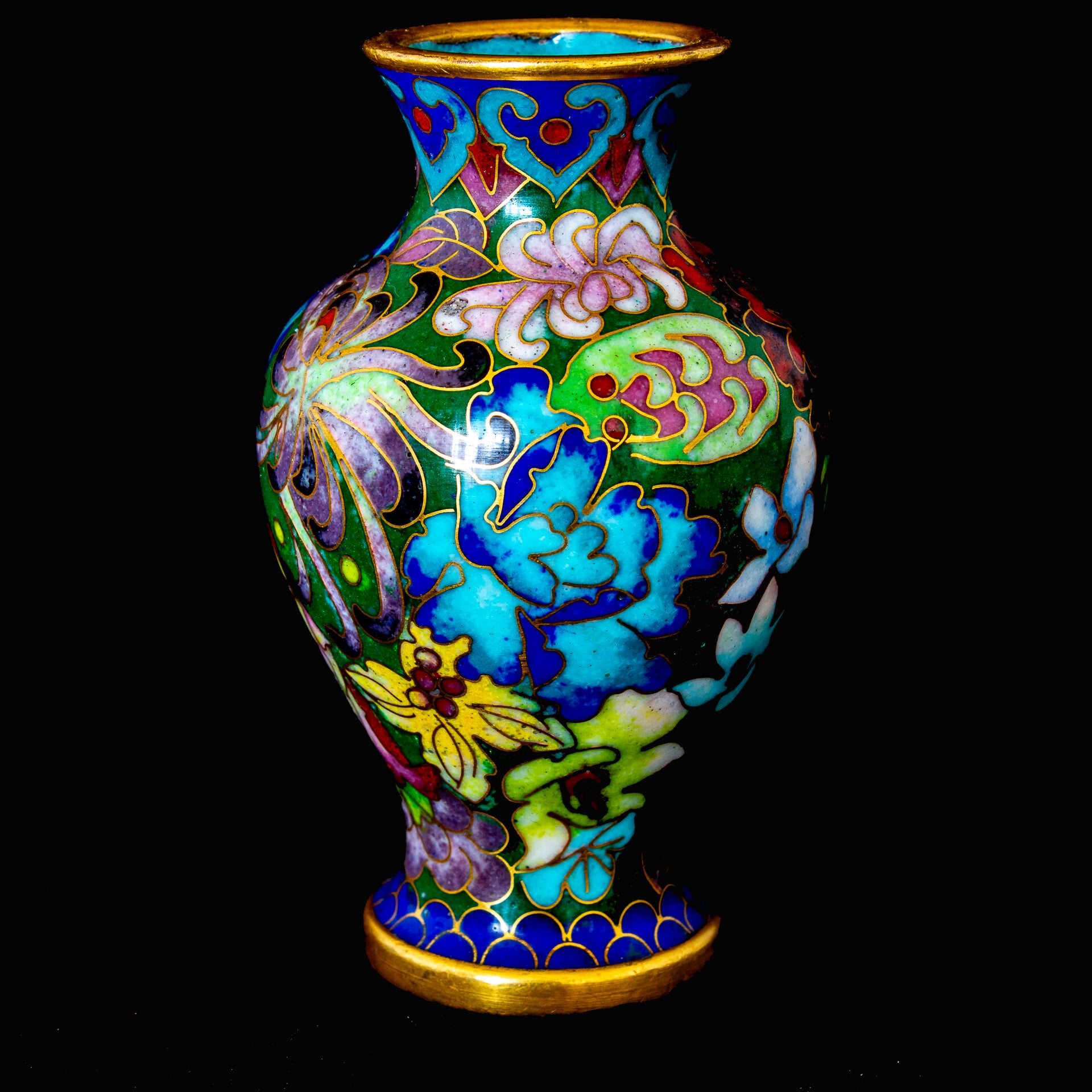 Small brass vase decorated with cloisonne in a floral theme