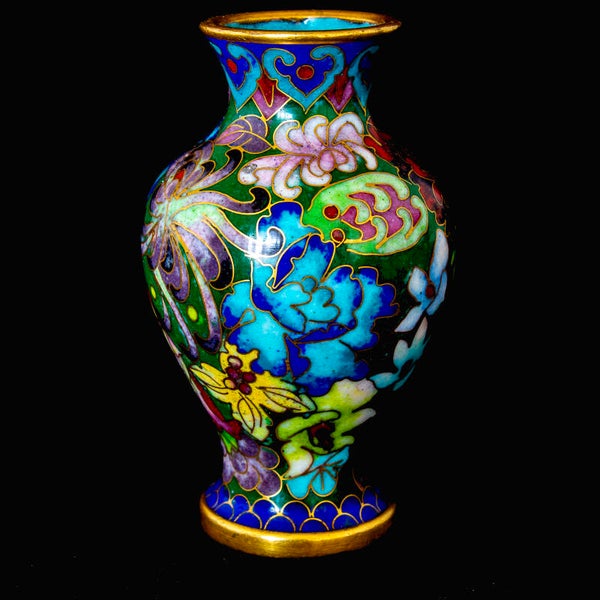 Small brass vase decorated with cloisonne in a floral theme