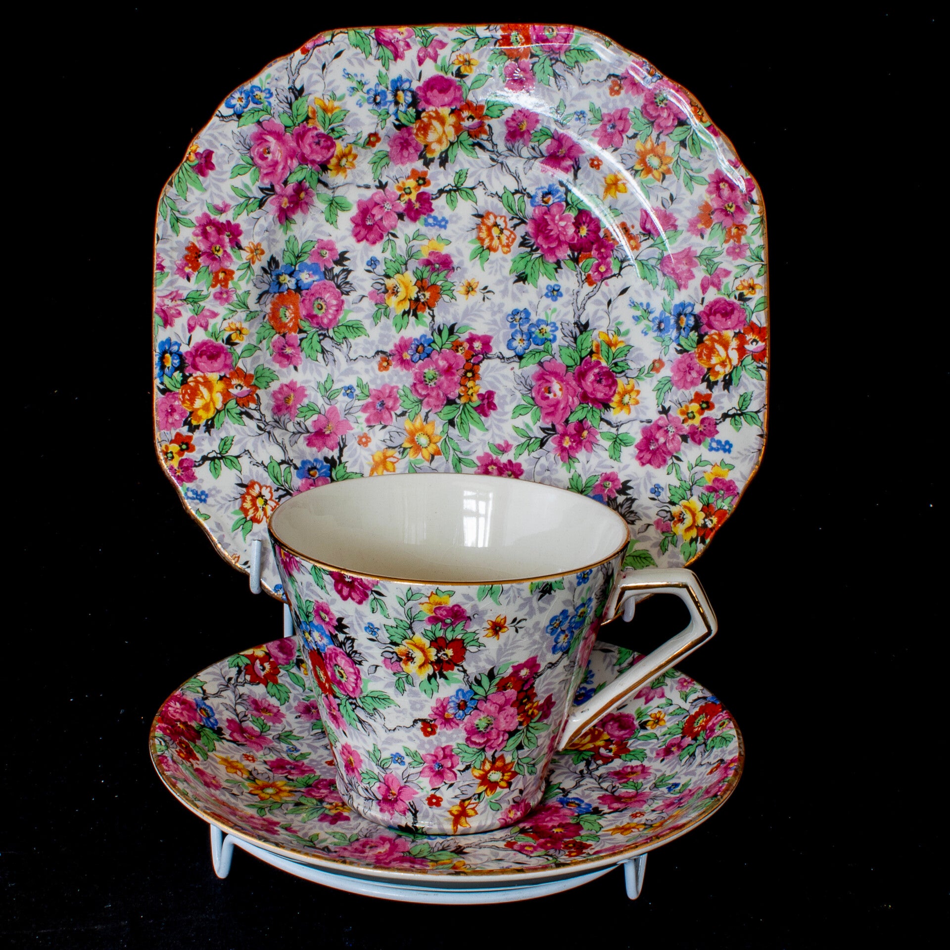 Chintzware patterned trio by Elijah Cotton’s ‘Nelson Pottery’