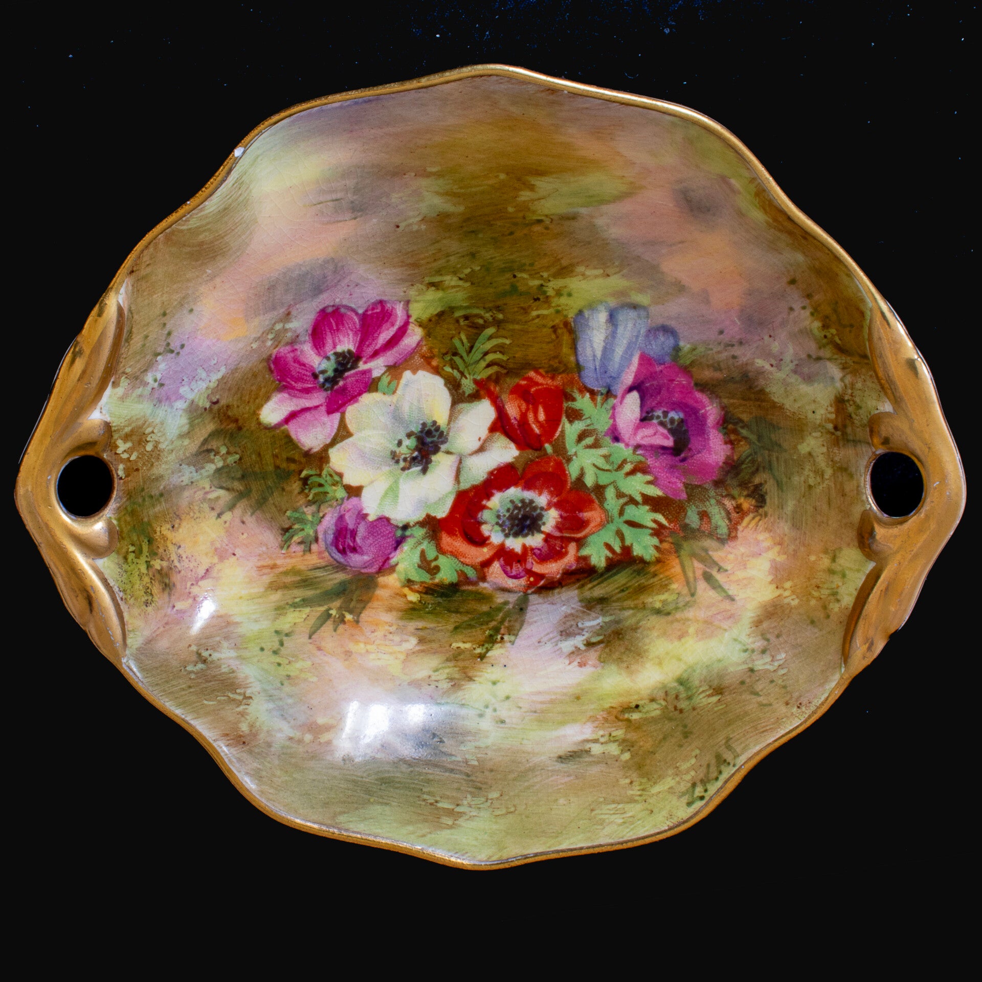 Royal Winton pin dish, anemone pattern, hand decorated and signed by the artist