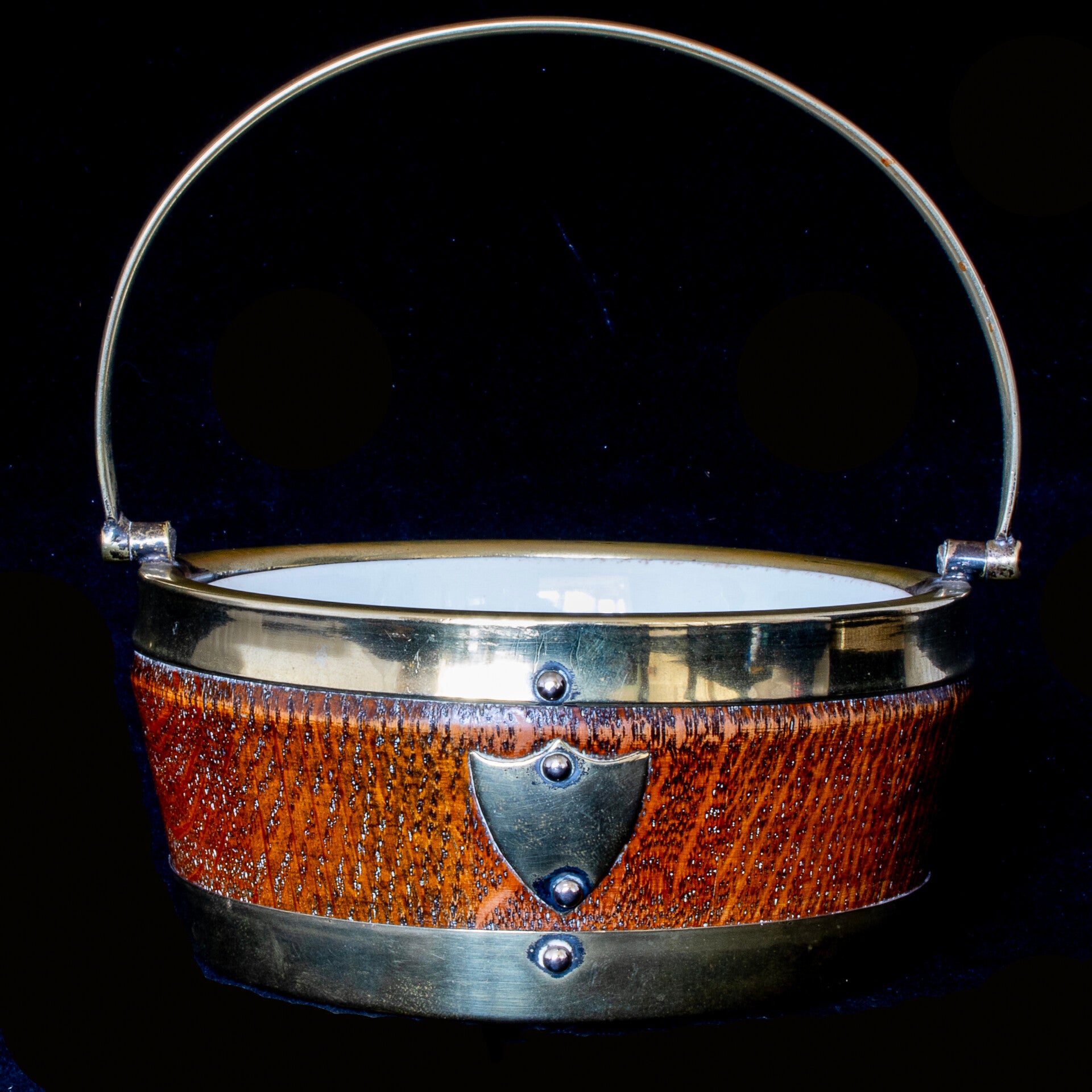 Antique bonbon dish, china inner and part oak barrel bound with brass, outer.