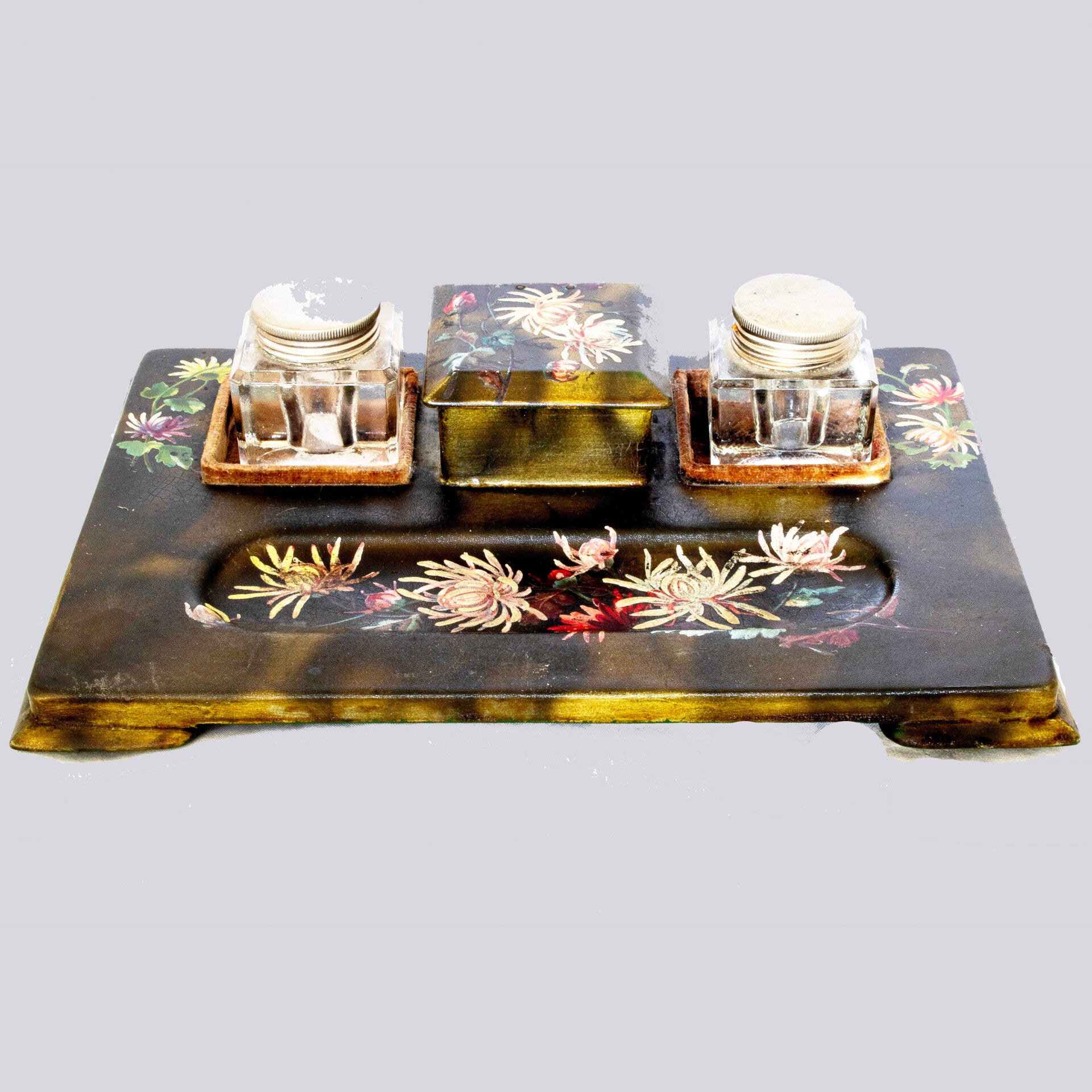 Decorated standish (desk-set) with two inkwells and a nib/stamp compartment