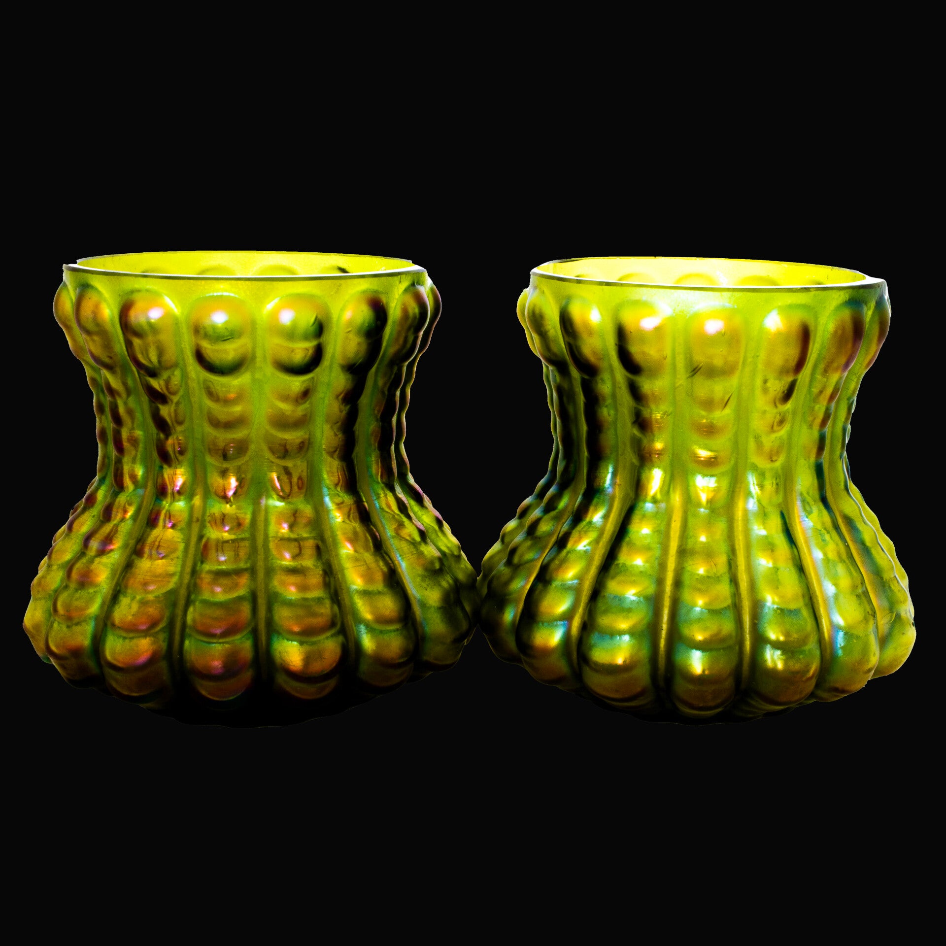 Rare pair of squat iridescent green Loetz vases circa 1940's - 50's
