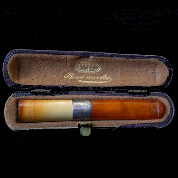 Antique, cased, Meerschaum, Baltic Amber and Sterling Silver cheroot holder