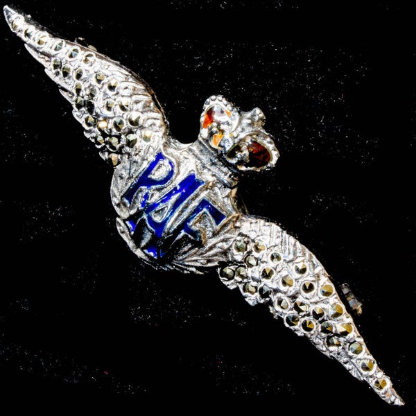 Mid-century sterling silver and marcasite Royal Air Force sweetheart brooch