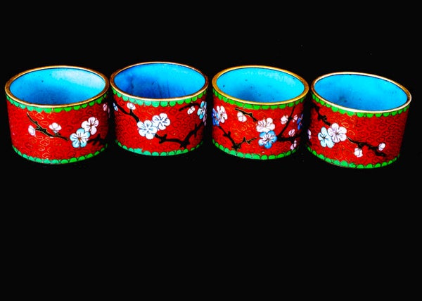 Set of 4 brass napkin rings with cloisonne decoration