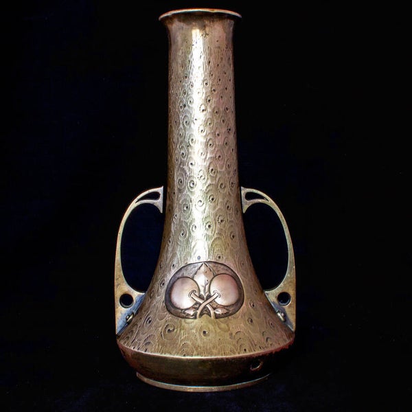 Antique WMF brass vase – impressed peacock feather pattern