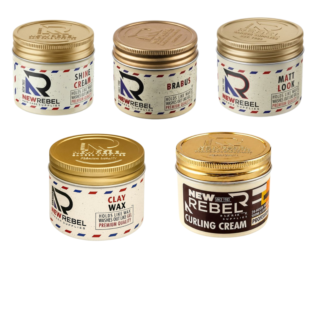 New Rebel Mix Box – Hair Clay Wax, Shine Cream, Brabus Matt Look & Curl Cream – 150 ml (Doos 48 Stuks)