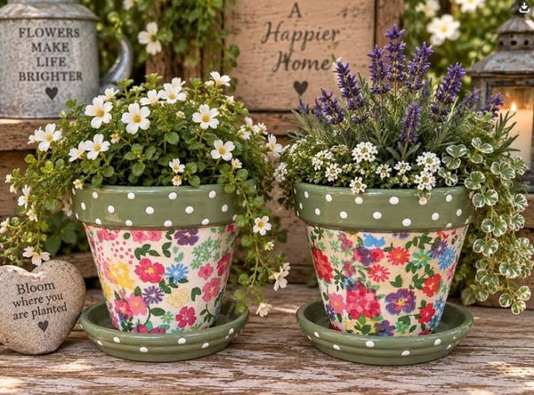 HANDFINISHED FLORAL / POKER DOTS PLANTER SET