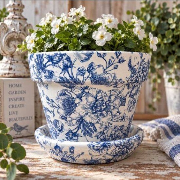 HAND DECOUPAGED CLASSIC BLUE & WHITE FLORAL PLANTER WITH MATCHING SAUCER