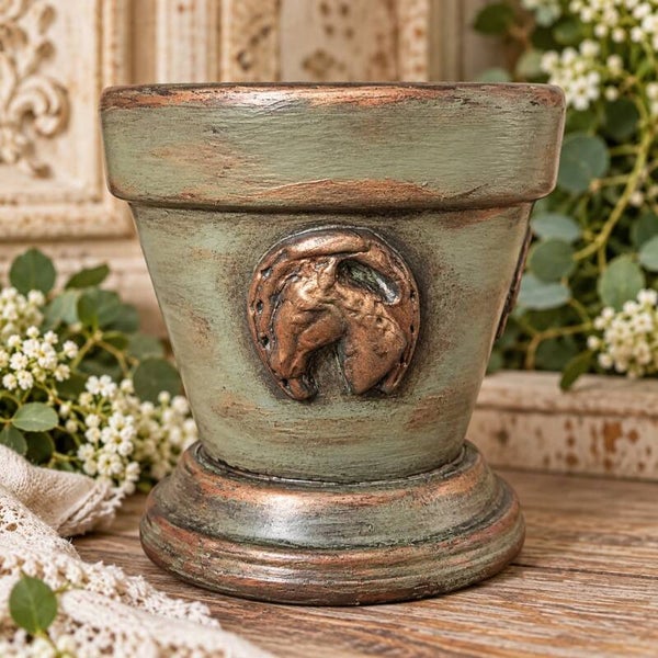 RUSTIC HORSE HEAD / SHOE PEDESTAL PLANTER