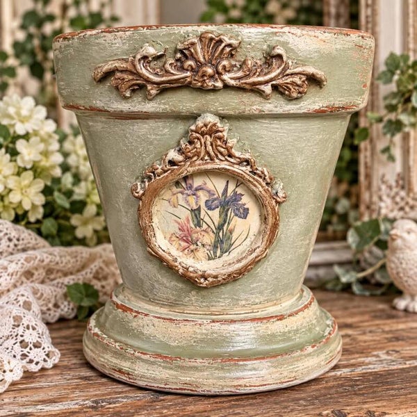 VINTAGE FLORAL MEDALION PEDESTAL PLANTER -  Sage