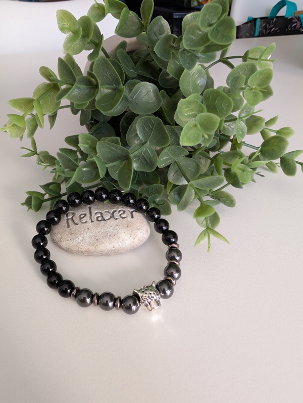 Bracelet Homme Leo – Onyx & Hématite 8mm avec Tête de Léopard