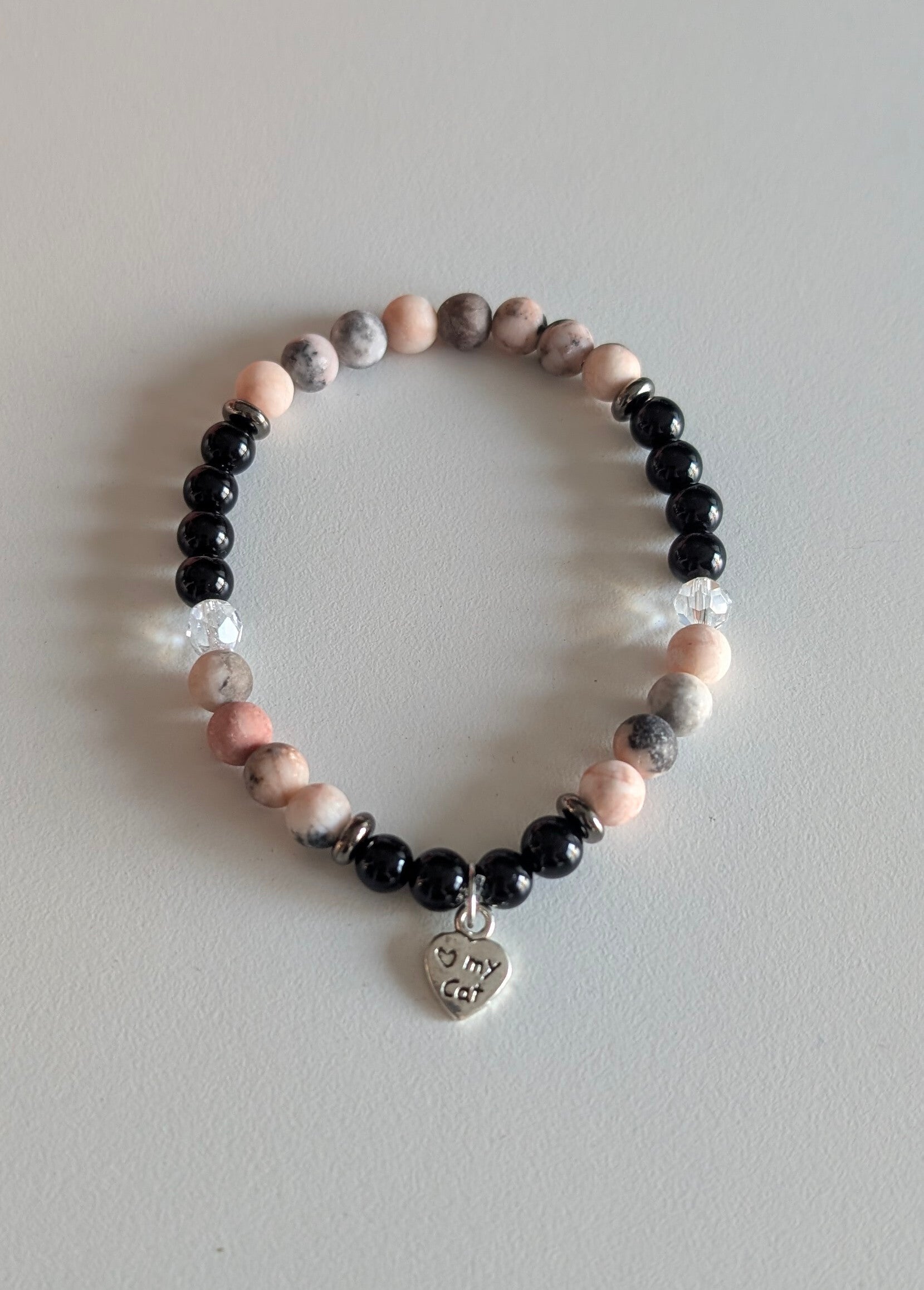 Bracelet en jaspe zébré rose, onyx et cristaux Swarovski
