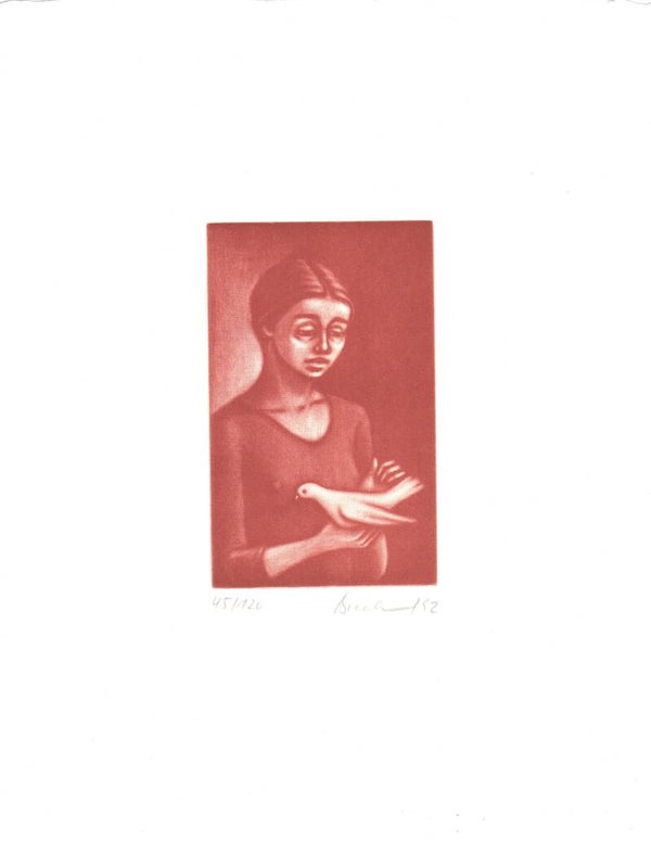 MÄDCHEN MIT TAUBE - M. BRACHMANN - RADIERUNG