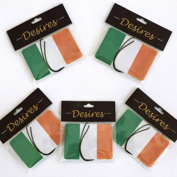 Desires - Car Air Freshener, Hanging Scented Card for your car, home & office. Multipack, Pack of 5. Long Lasting Freshness, Beautiful Scent. Proud Tri Colours Green White Orange