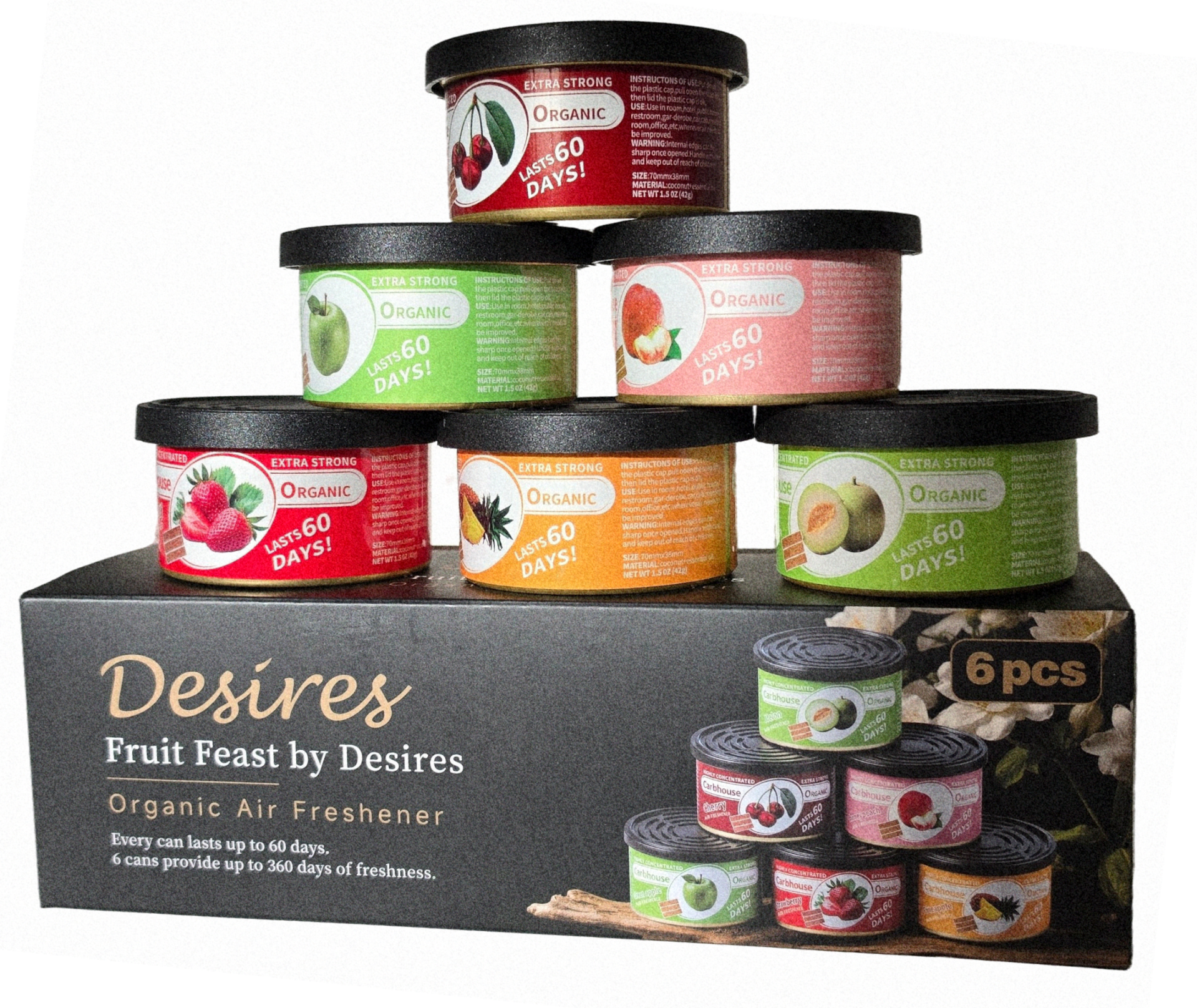 Fruit Feast by Desires. Pack of 6 Adjustable long lasting scent Each can will last up for 60 days. 6 cans pprovide 360 days of freshness. Strawberry, Cherry, Honey Peach, Melon, Green Apple.