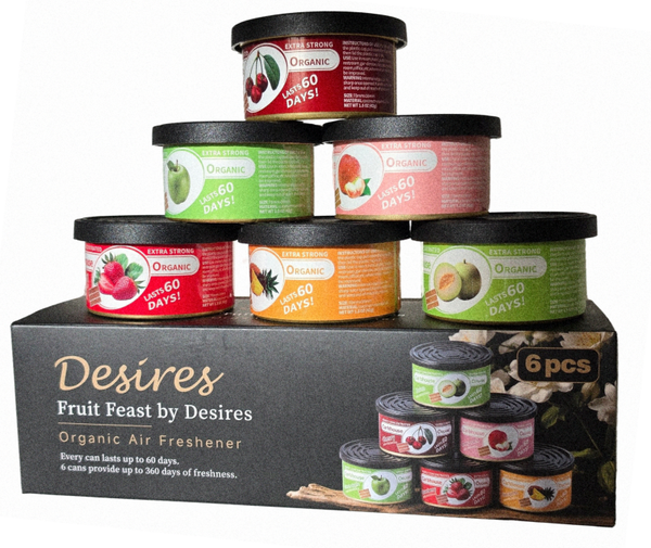 Fruit Feast by Desires. Pack of 6 Adjustable long lasting scent Each can will last up for 60 days. 6 cans pprovide 360 days of freshness. Strawberry, Cherry, Honey Peach, Melon, Green Apple.