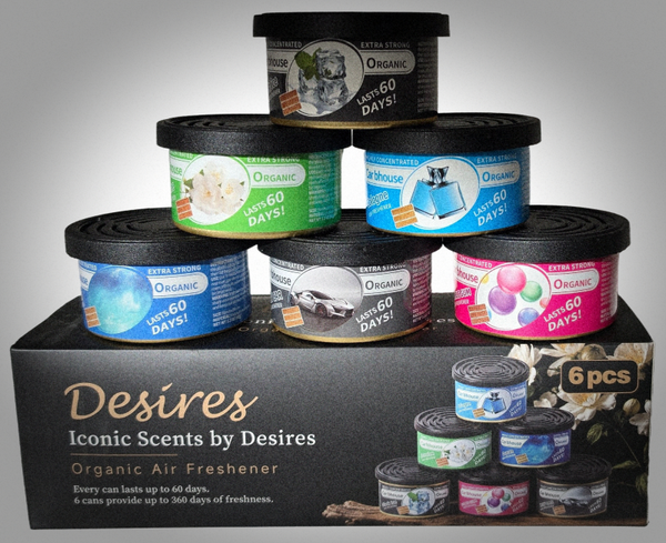 Iconic Scents by Desires. Pack of 6 Adjustable long lasting scent Each can will last up to 60 days, 6 cans provide 360 days of freshness New Car, Bubble Gum, Black Ice, Ocean, Jasmine, Colonge