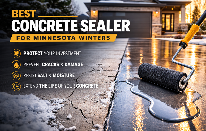 Concrete sealer being applied to a residential driveway to protect concrete from Minnesota winter damage