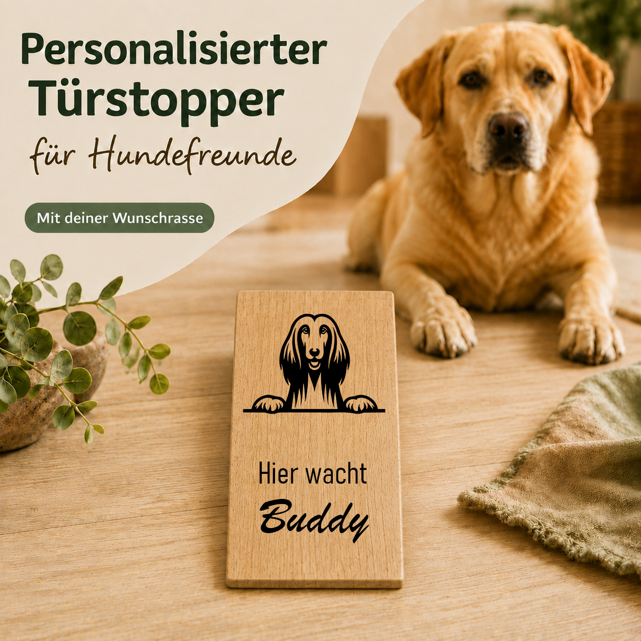Afghanischer Windhund: Personalisierter Türkeil / Türstopper für Hundefreunde mit Wunschgravur. Buche massiv