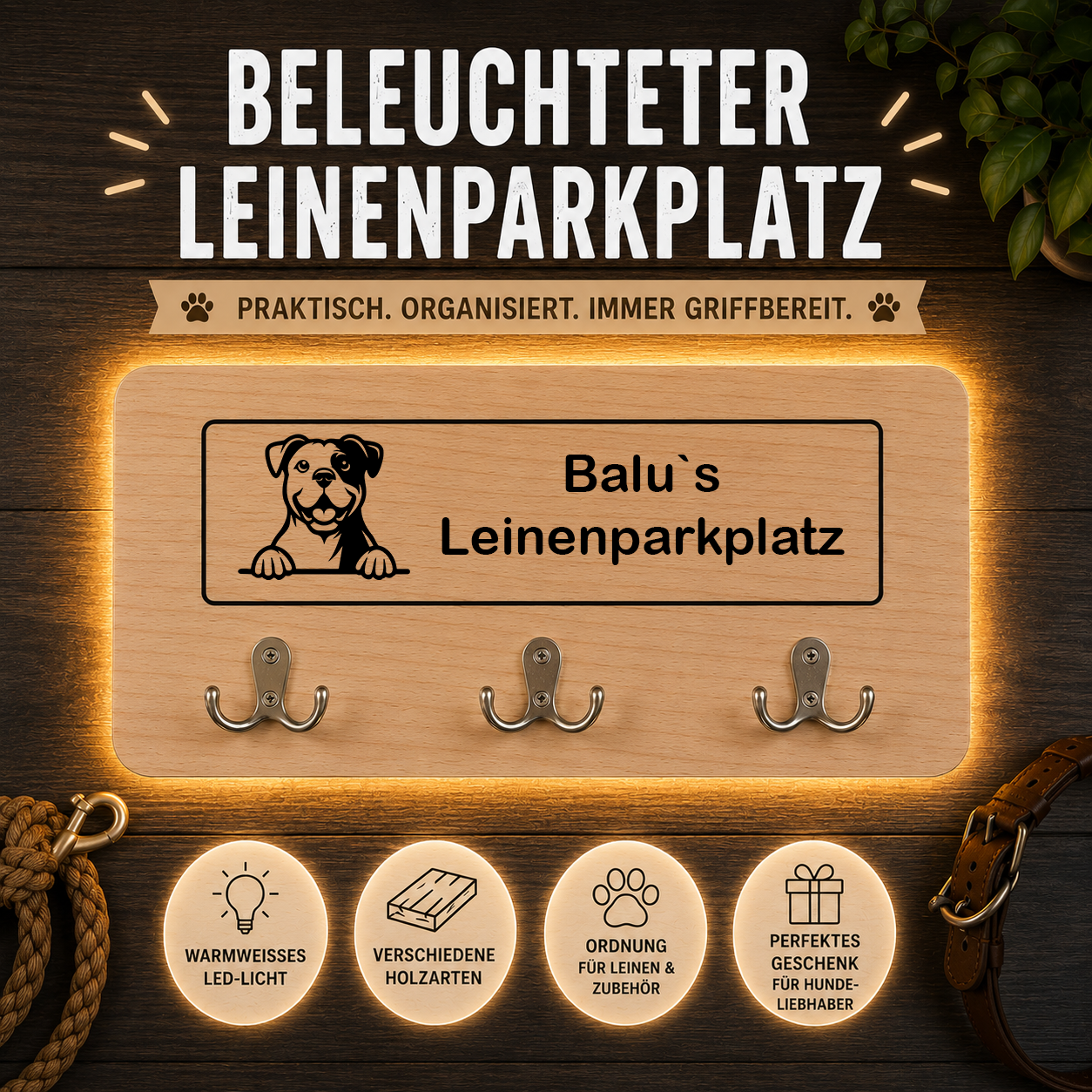 American Bulldog: Beleuchteter Leinenparkplatz – personalisiert mit Name & Hundemotiv