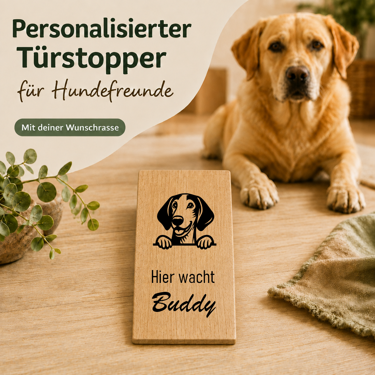 American Foxhound: Personalisierter Türkeil / Türstopper für Hundefreunde mit Wunschgravur. Buche massiv