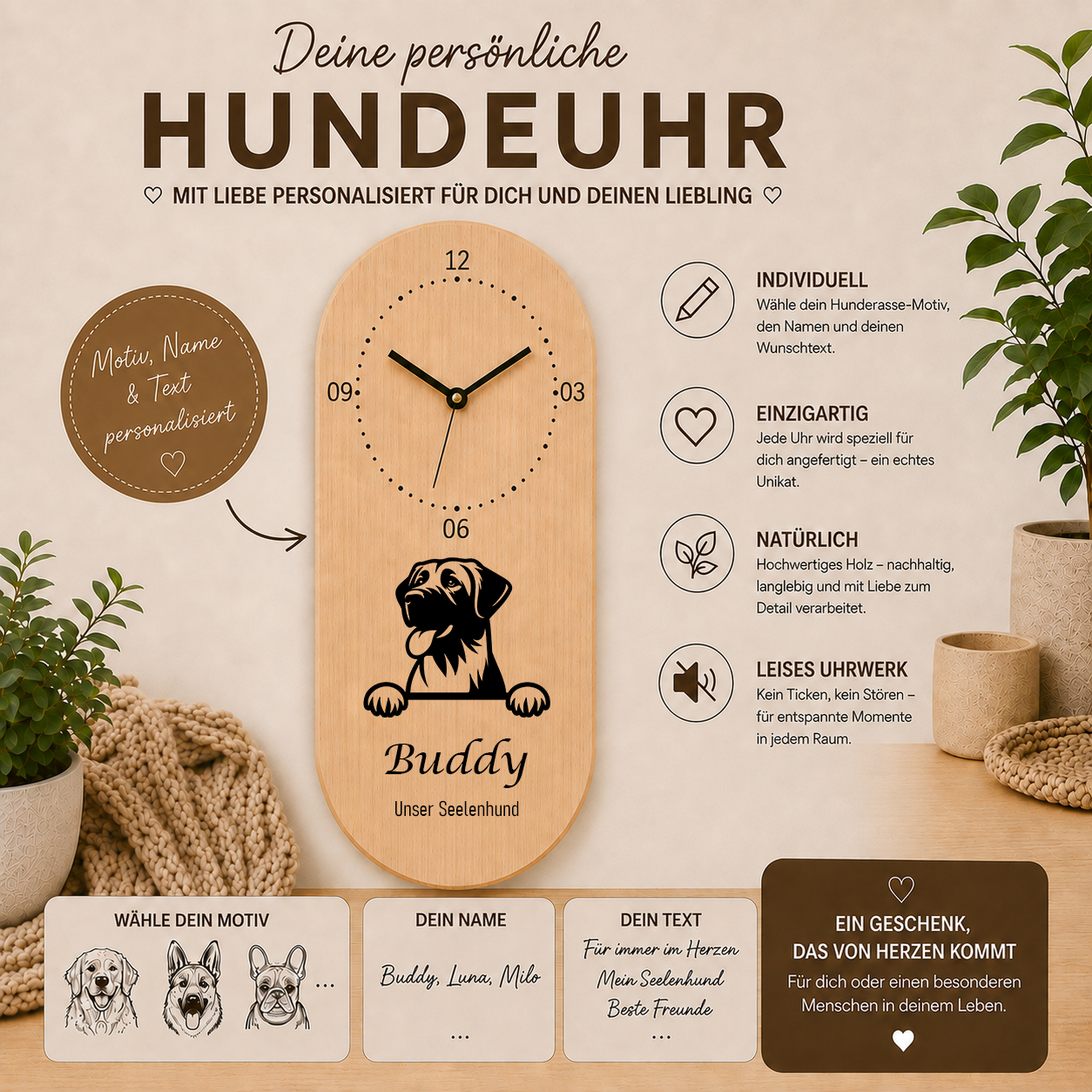 Anatolischer Schäferhund: Personalisierte Hundeuhr | Wanduhr aus Holz | Geschenk für Hundefreunde & Hundebesitzer