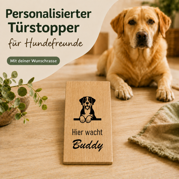 Appenzeller Sennenhund: Personalisierter Türkeil / Türstopper für Hundefreunde mit Wunschgravur. Buche massiv